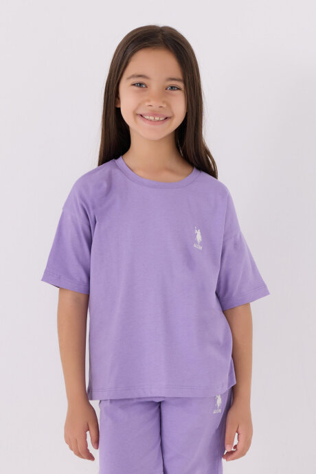 U.S. Polo Assn. Kız Çocuk Pamuklu Bisiklet Yaka Sargı Nakışlı Yazlık Regular Fit Mor Bermuda Takım US1848-C-V62 (1)