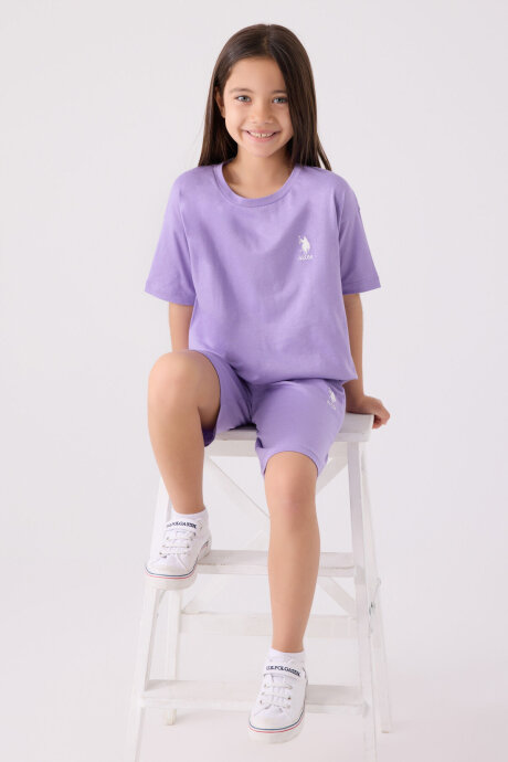 U.S. Polo Assn. Kız Çocuk Pamuklu Bisiklet Yaka Sargı Nakışlı Yazlık Regular Fit Mor Bermuda Takım US1848-C-V62 - 3