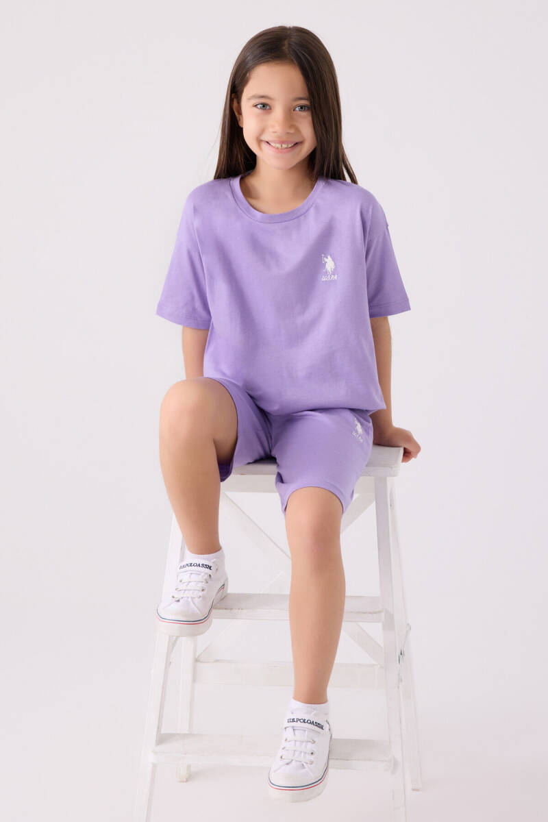 U.S. Polo Assn. Kız Çocuk Pamuklu Bisiklet Yaka Sargı Nakışlı Yazlık Regular Fit Mor Bermuda Takım US1848-C-V62 - 3