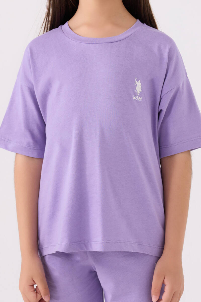 U.S. Polo Assn. Kız Çocuk Pamuklu Bisiklet Yaka Sargı Nakışlı Yazlık Regular Fit Mor Bermuda Takım US1848-C-V62 - 4