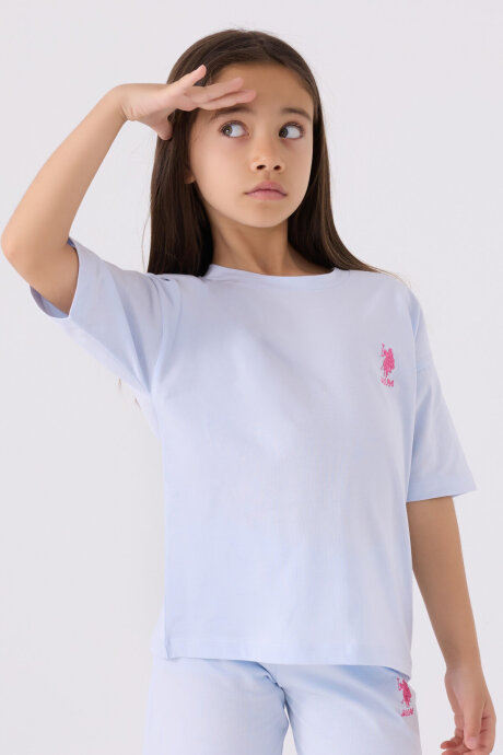 U.S. Polo Assn. Kız Çocuk Pamuklu Bisiklet Yaka Sargı Nakışlı Yazlık Regular Fit Mavi Bermuda Takım US1848-C-V35 - 2