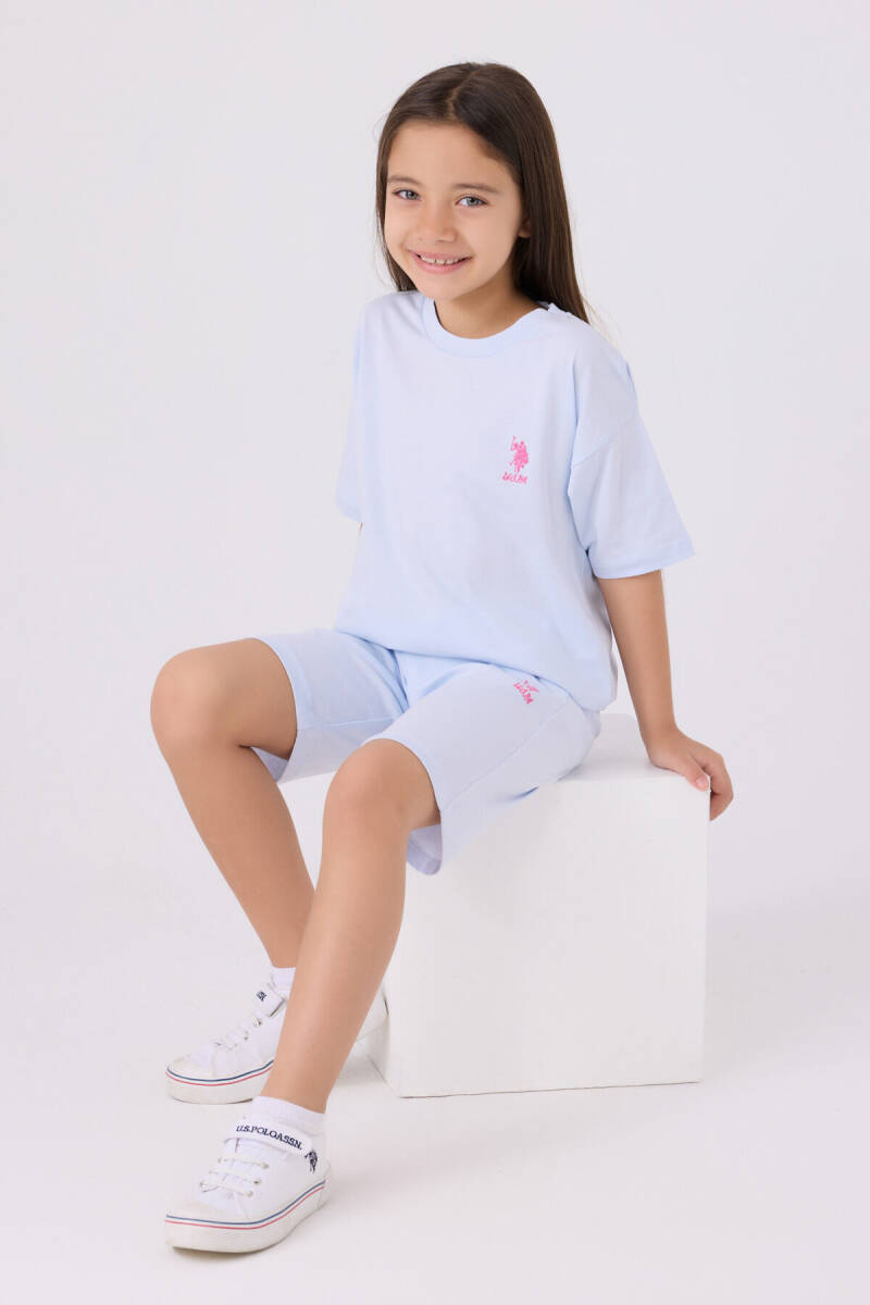 U.S. Polo Assn. Kız Çocuk Pamuklu Bisiklet Yaka Sargı Nakışlı Yazlık Regular Fit Mavi Bermuda Takım US1848-C-V35 - 3