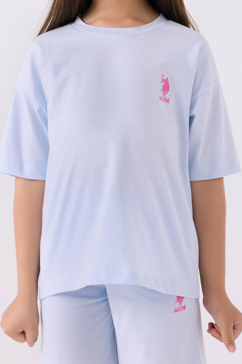 U.S. Polo Assn. Kız Çocuk Pamuklu Bisiklet Yaka Sargı Nakışlı Yazlık Regular Fit Mavi Bermuda Takım US1848-C-V35 - 4