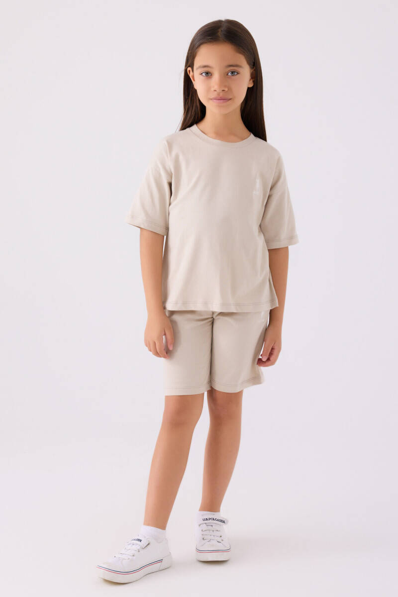 U.S. Polo Assn. Kız Çocuk Pamuklu Bisiklet Yaka Sargı Nakışlı Yazlık Regular Fit Krem Bermuda Takım US1848-C-V19 - 1