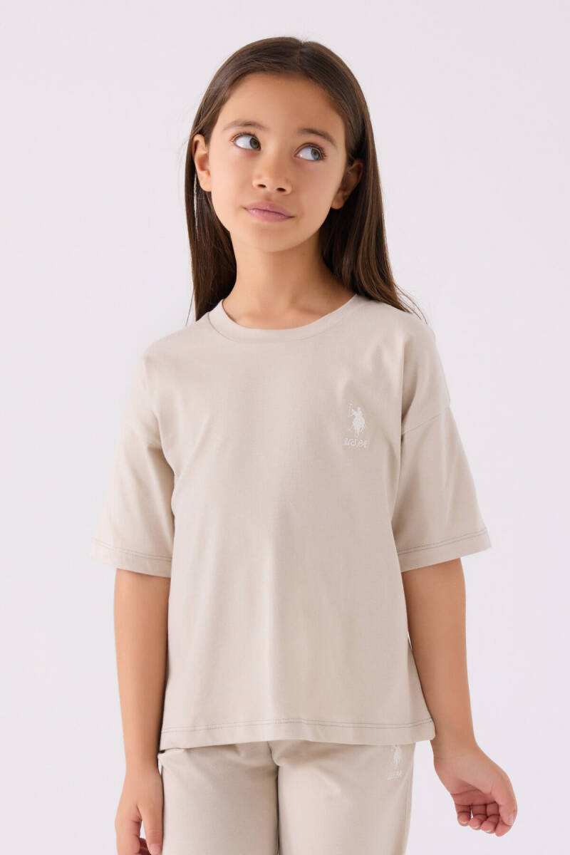 U.S. Polo Assn. Kız Çocuk Pamuklu Bisiklet Yaka Sargı Nakışlı Yazlık Regular Fit Krem Bermuda Takım US1848-C-V19 - 2