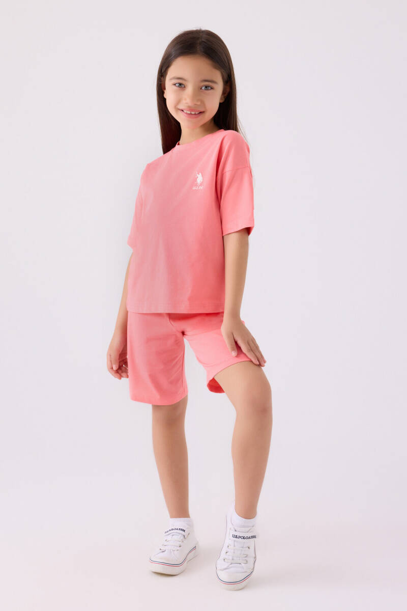 U.S. Polo Assn. Kız Çocuk Pamuklu Bisiklet Yaka Sargı Nakışlı Yazlık Regular Fit Pembe Bermuda Takım US1848-C-V17 - 1
