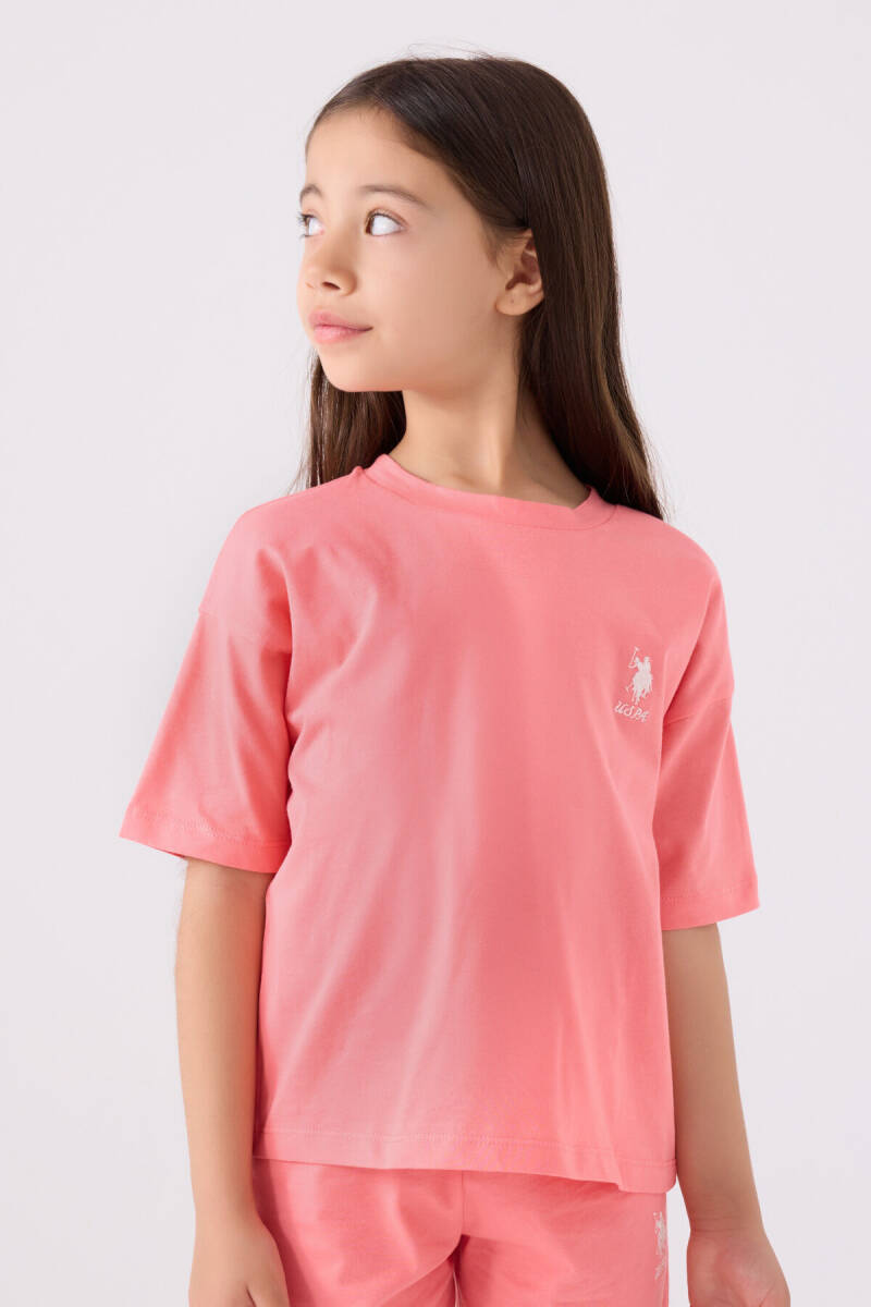 U.S. Polo Assn. Kız Çocuk Pamuklu Bisiklet Yaka Sargı Nakışlı Yazlık Regular Fit Pembe Bermuda Takım US1848-C-V17 - 2