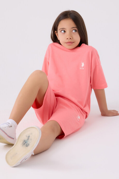 U.S. Polo Assn. Kız Çocuk Pamuklu Bisiklet Yaka Sargı Nakışlı Yazlık Regular Fit Pembe Bermuda Takım US1848-C-V17 - 3