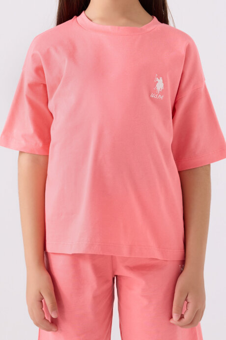 U.S. Polo Assn. Kız Çocuk Pamuklu Bisiklet Yaka Sargı Nakışlı Yazlık Regular Fit Pembe Bermuda Takım US1848-C-V17 - 4