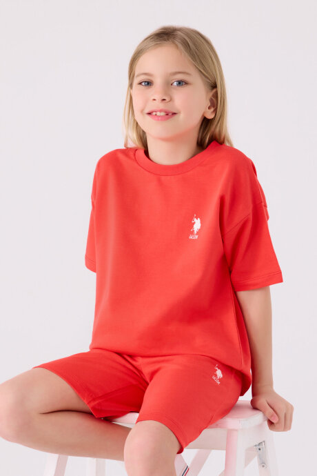 U.S. Polo Assn. Kız Çocuk Pamuklu Bisiklet Yaka Sargı Nakışlı Yazlık Regular Fit Turuncu Bermuda Takım US1850-C-V10 - 4