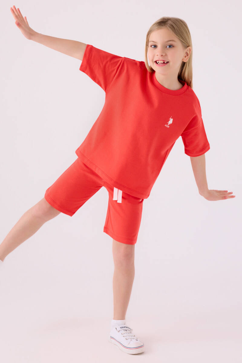 U.S. Polo Assn. Kız Çocuk Pamuklu Bisiklet Yaka Sargı Nakışlı Yazlık Regular Fit Turuncu Bermuda Takım US1850-C-V10 - 6