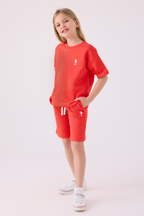 U.S. Polo Assn. Kız Çocuk Bisiklet Yaka Sargı Nakışlı Yazlık Regular Fit Turuncu Bermuda Takım US1850-C-V10 