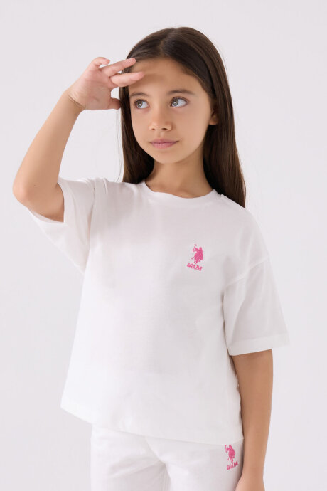 U.S. Polo Assn. Kız Çocuk Pamuklu Bisiklet Yaka Sargı Nakışlı Yazlık Regular Fit Beyaz Bermuda Takım US1848-C-V7 - 2