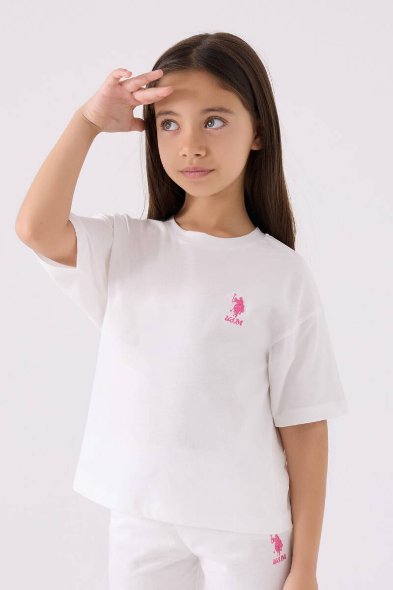 U.S. Polo Assn. Kız Çocuk Pamuklu Bisiklet Yaka Sargı Nakışlı Yazlık Regular Fit Beyaz Bermuda Takım US1848-C-V7 - 2