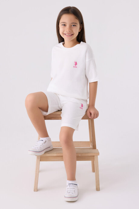 U.S. Polo Assn. Kız Çocuk Pamuklu Bisiklet Yaka Sargı Nakışlı Yazlık Regular Fit Beyaz Bermuda Takım US1848-C-V7 - 3