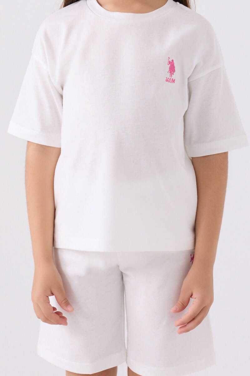 U.S. Polo Assn. Kız Çocuk Pamuklu Bisiklet Yaka Sargı Nakışlı Yazlık Regular Fit Beyaz Bermuda Takım US1848-C-V7 - 4