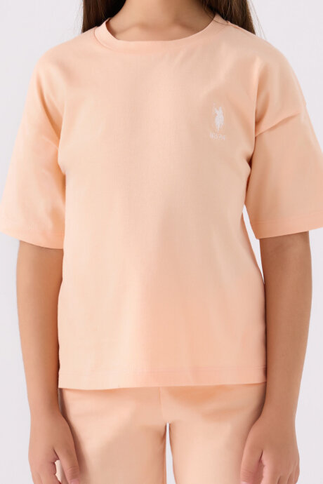 U.S. Polo Assn. Kız Çocuk Pamuklu Bisiklet Yaka Sargı Nakışlı Yazlık Regular Fit Turuncu Bermuda Takım US1848-C-V55 - 5