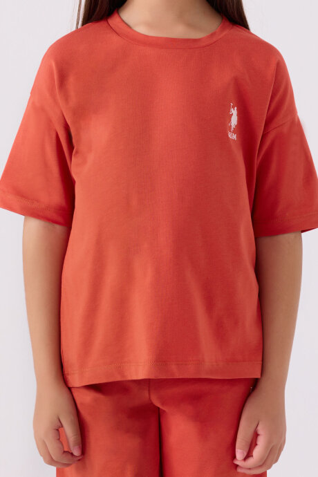 U.S. Polo Assn. Kız Çocuk Bisiklet Yaka Sargı Nakışlı Yazlık Regular Fit Turuncu Bermuda Takım US1848-C-V58 - 4