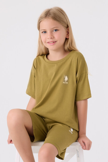 U.S. Polo Assn. Kız Çocuk Pamuklu Bisiklet Yaka Sargı Nakışlı Yazlık Regular Fit Yeşil Bermuda Takım US1848-C-V63 - 2