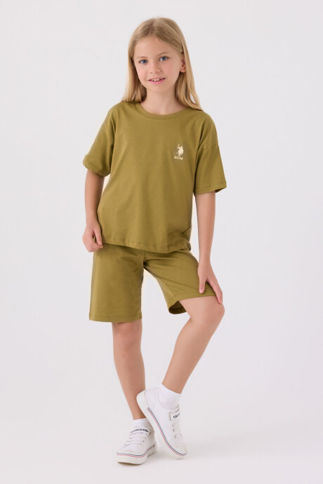 U.S. Polo Assn. Kız Çocuk Pamuklu Bisiklet Yaka Sargı Nakışlı Yazlık Regular Fit Yeşil Bermuda Takım US1848-C-V63