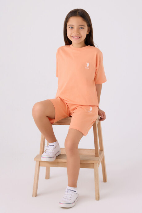 U.S. Polo Assn. Kız Çocuk Pamuklu Bisiklet Yaka Sargı Nakışlı Yazlık Regular Fit Turuncu Bermuda Takım US1848-C-V13 - 3