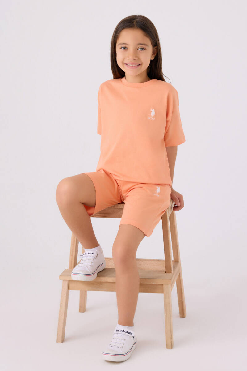 U.S. Polo Assn. Kız Çocuk Pamuklu Bisiklet Yaka Sargı Nakışlı Yazlık Regular Fit Turuncu Bermuda Takım US1848-C-V13 - 3