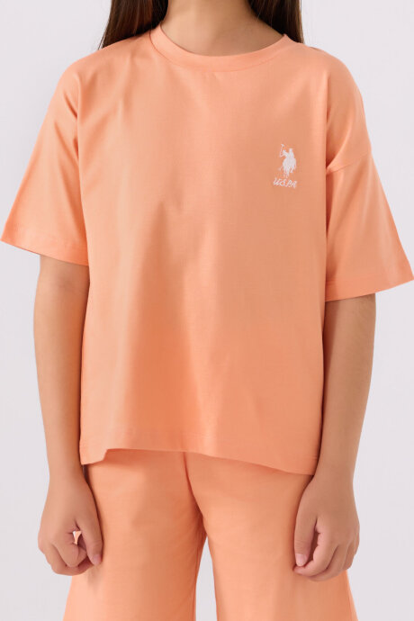 U.S. Polo Assn. Kız Çocuk Pamuklu Bisiklet Yaka Sargı Nakışlı Yazlık Regular Fit Turuncu Bermuda Takım US1848-C-V13 - 4