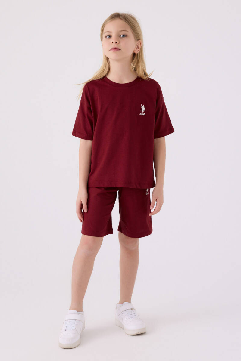 U.S. Polo Assn. Kız Çocuk Pamuklu Bisiklet Yaka Sargı Nakışlı Yazlık Regular Fit Bordo Bermuda Takım US1848-C-V32 - 1
