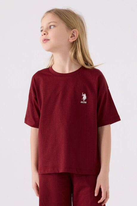 U.S. Polo Assn. Kız Çocuk Bisiklet Yaka Sargı Nakışlı Yazlık Regular Fit Bordo Bermuda Takım US1848-C-V32 - 2