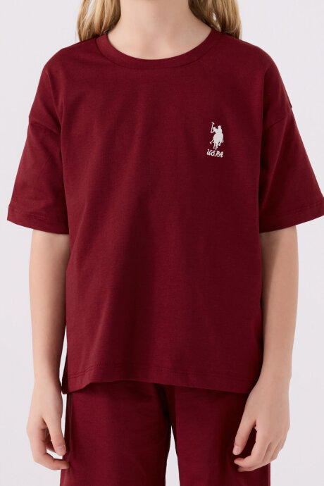 U.S. Polo Assn. Kız Çocuk Bisiklet Yaka Sargı Nakışlı Yazlık Regular Fit Bordo Bermuda Takım US1848-C-V32 - 4