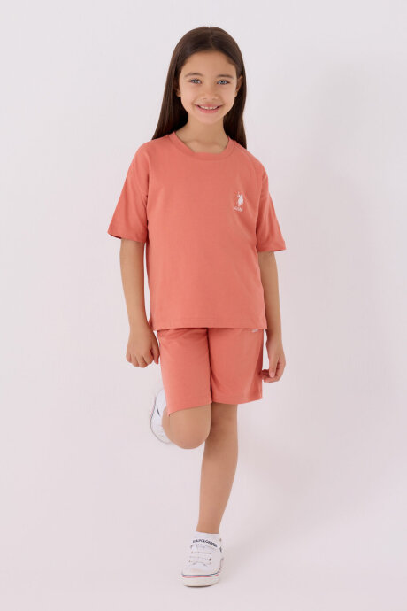 U.S. Polo Assn. Kız Çocuk Bisiklet Yaka Sargı Nakışlı Yazlık Regular Fit Pembe Bermuda Takım US1848-C-V39 