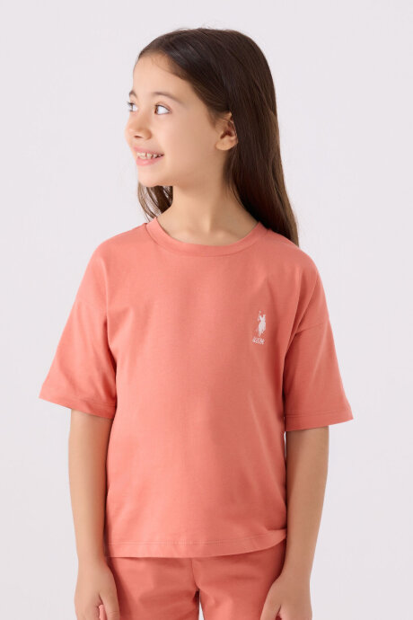 U.S. Polo Assn. Kız Çocuk Bisiklet Yaka Sargı Nakışlı Yazlık Regular Fit Pembe Bermuda Takım US1848-C-V39 - 2