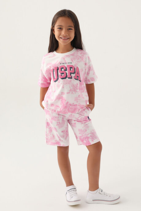 U.S. Polo Assn. Kız Çocuk Bisiklet Yaka Allover Baskılı Yazlık Regular Fit Pembe Bermuda Takım US1819-C-V1