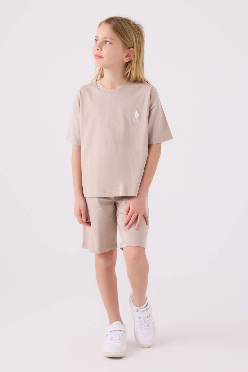U.S. Polo Assn. Kız Çocuk Pamuklu Bisiklet Yaka Sargı Nakışlı Yazlık Regular Fit Krem Bermuda Takım US1848-C-V28 - 1