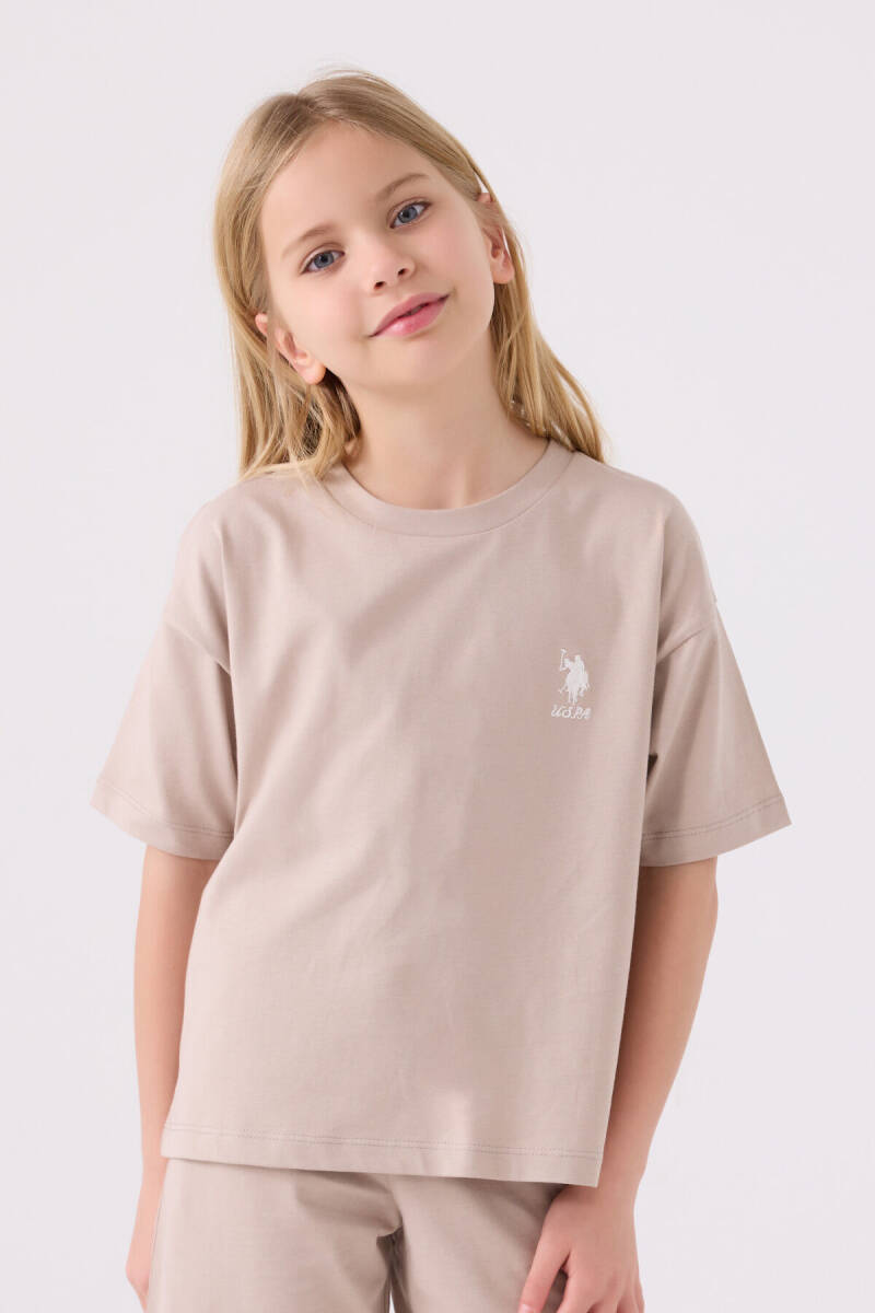 U.S. Polo Assn. Kız Çocuk Pamuklu Bisiklet Yaka Sargı Nakışlı Yazlık Regular Fit Krem Bermuda Takım US1848-C-V28 - 2