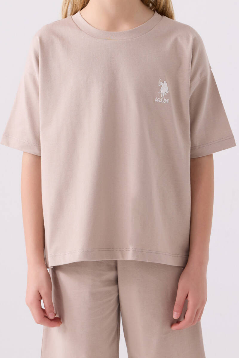 U.S. Polo Assn. Kız Çocuk Pamuklu Bisiklet Yaka Sargı Nakışlı Yazlık Regular Fit Krem Bermuda Takım US1848-C-V28 - 4