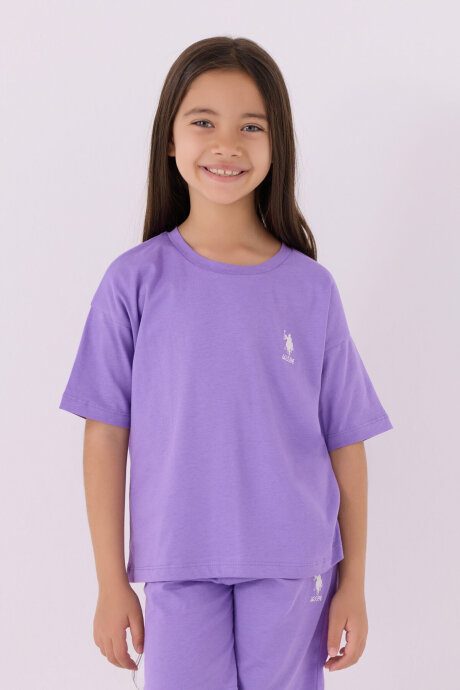 U.S. Polo Assn. Kız Çocuk Pamuklu Bisiklet Yaka Sargı Nakışlı Yazlık Regular Fit Mor Bermuda Takım US1848-C-V44 - 2