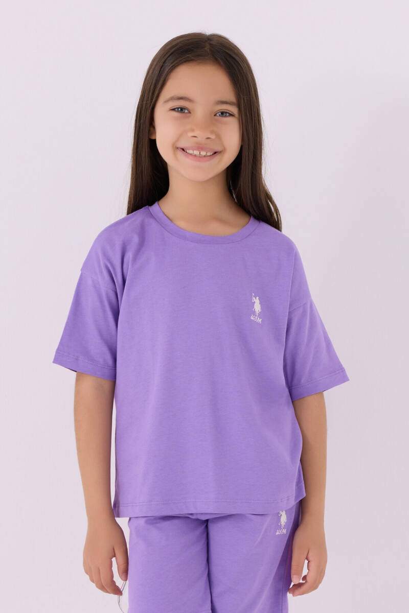 U.S. Polo Assn. Kız Çocuk Pamuklu Bisiklet Yaka Sargı Nakışlı Yazlık Regular Fit Mor Bermuda Takım US1848-C-V44 - 2