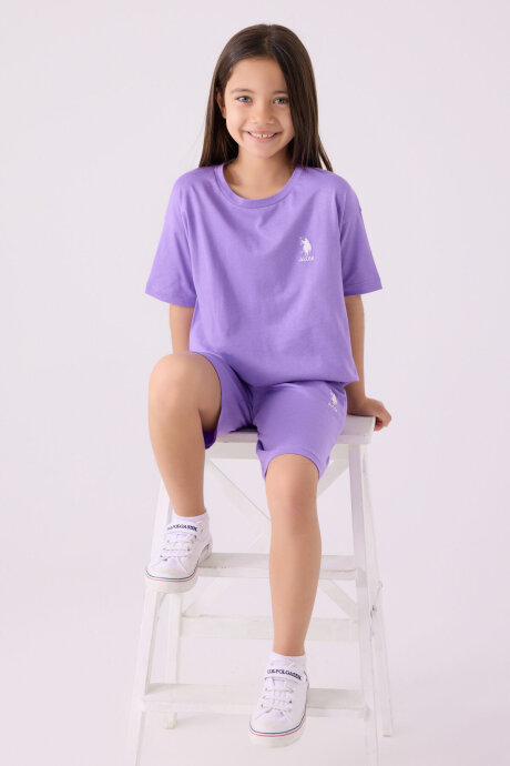 U.S. Polo Assn. Kız Çocuk Pamuklu Bisiklet Yaka Sargı Nakışlı Yazlık Regular Fit Mor Bermuda Takım US1848-C-V44 - 3
