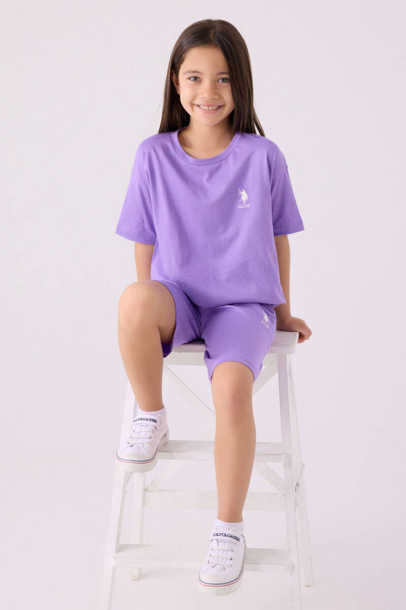 U.S. Polo Assn. Kız Çocuk Pamuklu Bisiklet Yaka Sargı Nakışlı Yazlık Regular Fit Mor Bermuda Takım US1848-C-V44 - 3