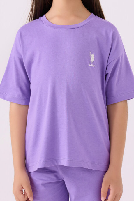 U.S. Polo Assn. Kız Çocuk Pamuklu Bisiklet Yaka Sargı Nakışlı Yazlık Regular Fit Mor Bermuda Takım US1848-C-V44 - 4