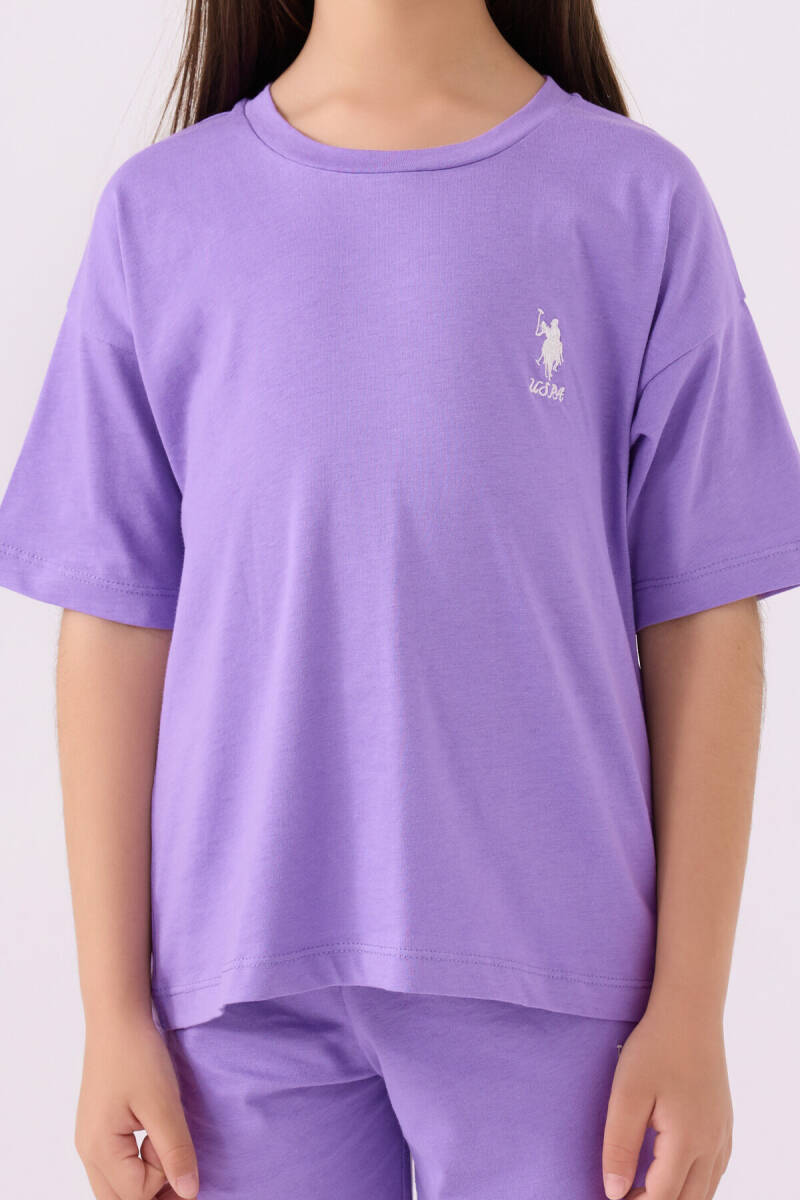 U.S. Polo Assn. Kız Çocuk Pamuklu Bisiklet Yaka Sargı Nakışlı Yazlık Regular Fit Mor Bermuda Takım US1848-C-V44 - 4