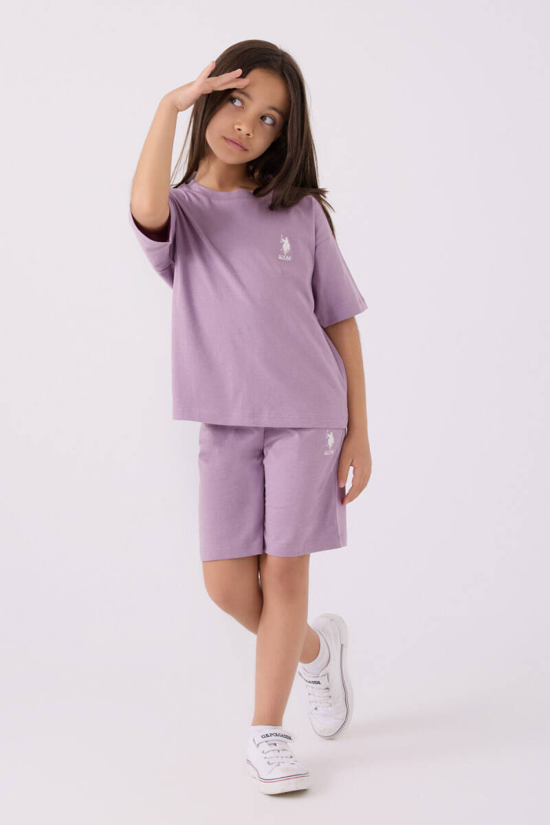 U.S. Polo Assn. Kız Çocuk Pamuklu Bisiklet Yaka Sargı Nakışlı Yazlık Regular Fit Mor Bermuda Takım US1848-C-V60 - 1