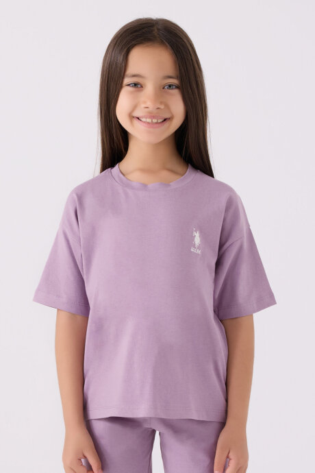 U.S. Polo Assn. Kız Çocuk Pamuklu Bisiklet Yaka Sargı Nakışlı Yazlık Regular Fit Mor Bermuda Takım US1848-C-V60 - 2