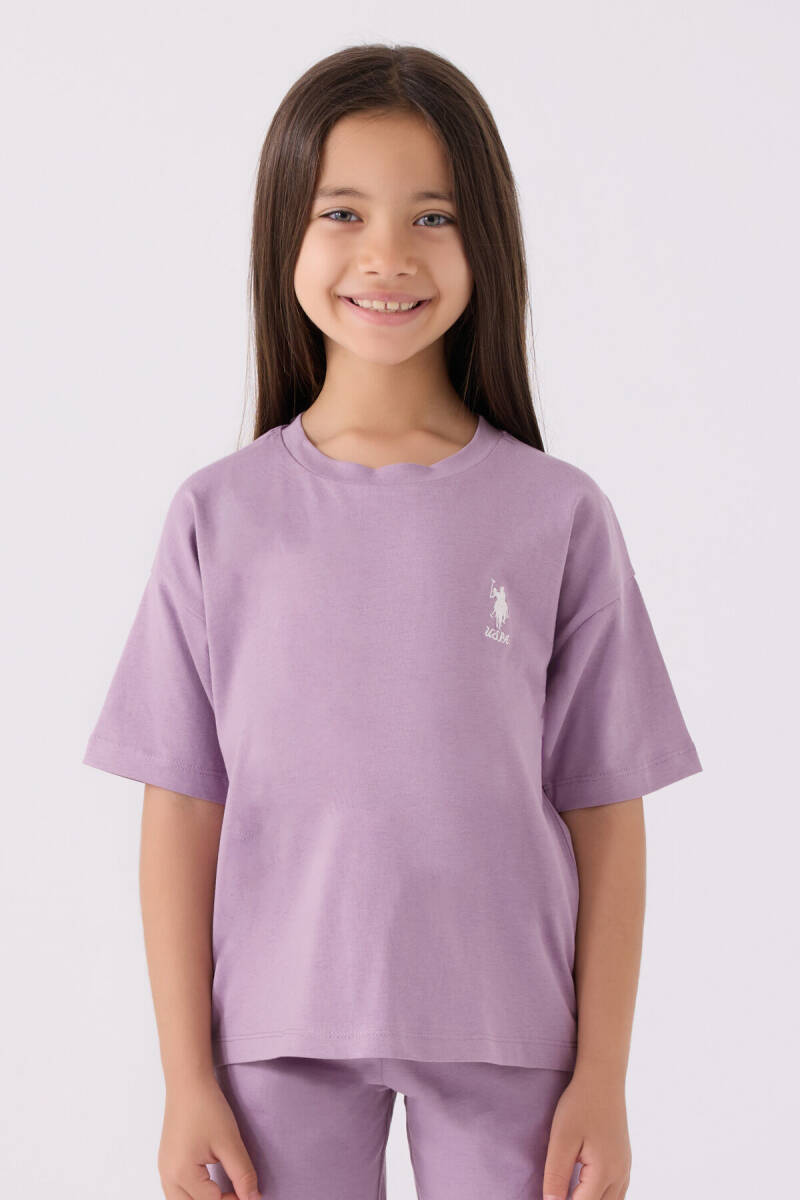 U.S. Polo Assn. Kız Çocuk Pamuklu Bisiklet Yaka Sargı Nakışlı Yazlık Regular Fit Mor Bermuda Takım US1848-C-V60 - 2