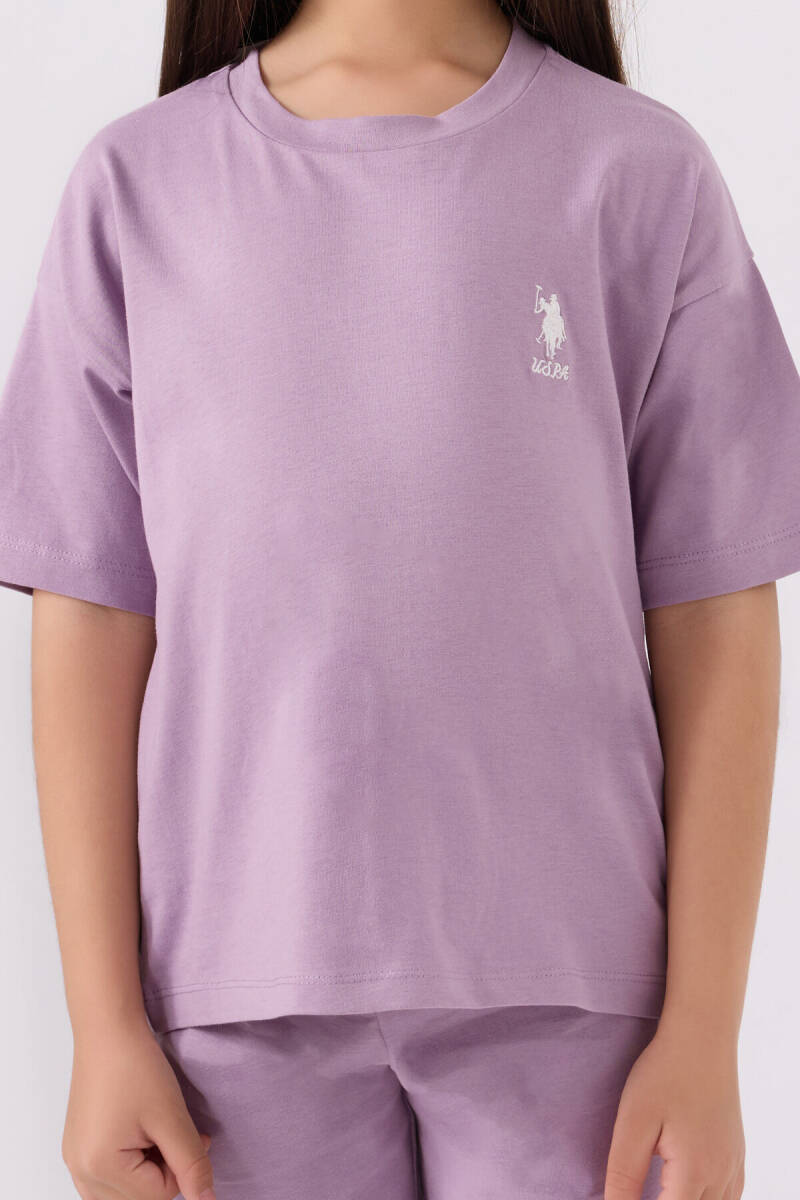 U.S. Polo Assn. Kız Çocuk Pamuklu Bisiklet Yaka Sargı Nakışlı Yazlık Regular Fit Mor Bermuda Takım US1848-C-V60 - 4