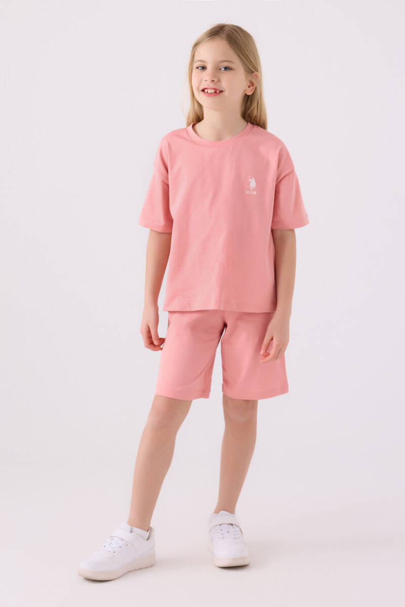 U.S. Polo Assn. Kız Çocuk Pamuklu Bisiklet Yaka Sargı Nakışlı Yazlık Regular Fit Pembe Bermuda Takım US1848-C-V24 - 1