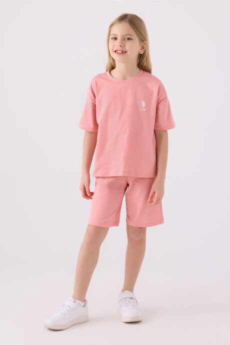 U.S. Polo Assn. Kız Çocuk Bisiklet Yaka Sargı Nakışlı Yazlık Regular Fit Pembe Bermuda Takım US1848-C-V24 