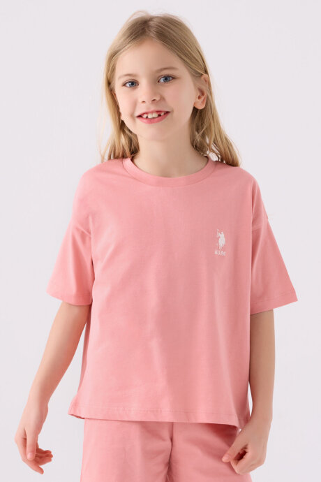 U.S. Polo Assn. Kız Çocuk Pamuklu Bisiklet Yaka Sargı Nakışlı Yazlık Regular Fit Pembe Bermuda Takım US1848-C-V24 - 2