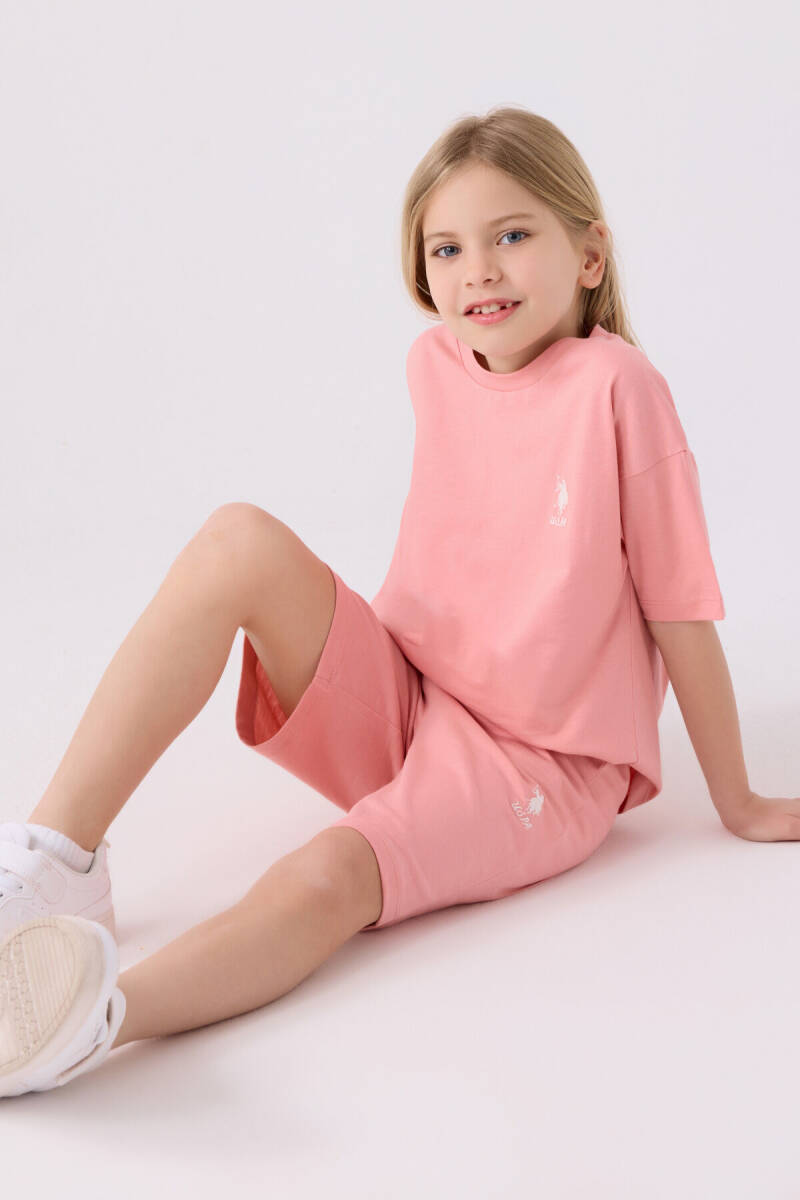 U.S. Polo Assn. Kız Çocuk Pamuklu Bisiklet Yaka Sargı Nakışlı Yazlık Regular Fit Pembe Bermuda Takım US1848-C-V24 - 3